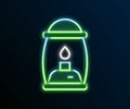Glowing neon line Camping lantern icon isolated on black background. Colorful outline concept. Vector Royalty Free Stock Photo