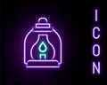 Glowing neon line Camping lantern icon isolated on black background. Colorful outline concept. Vector Royalty Free Stock Photo