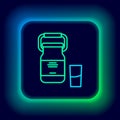 Glowing neon line Can container for milk and glass icon isolated on black background. Colorful outline concept. Vector Royalty Free Stock Photo