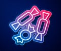 Glowing neon line Candy icon isolated on blue background. Happy Halloween party. Vector