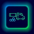 Glowing neon line Cannon with cannonballs icon isolated on black background. Medieval weapons. Colorful outline concept