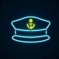 Glowing neon line Captain hat icon isolated on black background. Colorful outline concept. Vector