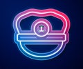 Glowing neon line Captain hat icon isolated on blue background. Vector