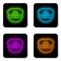 Glowing neon line Captain hat icon isolated on white background. Black square button. Vector