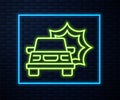 Glowing neon line Car accident icon isolated on brick wall background. Insurance concept. Security, safety, protection