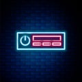 Glowing neon line Car Audio icon isolated on brick wall background. Fm radio car audio icon. Colorful outline concept