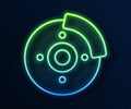 Glowing neon line Car brake disk with caliper icon isolated on blue background. Vector