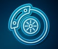 Glowing neon line Car brake disk with caliper icon isolated on blue background. Vector