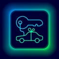 Glowing neon line Car gift icon isolated on black background. Car key prize. Colorful outline concept. Vector