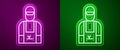 Glowing neon line Car mechanic icon isolated on purple and green background. Car repair and service. Vector Illustration