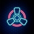 Glowing neon line Car motor ventilator icon isolated on brick wall background. Colorful outline concept. Vector