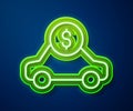 Glowing neon line Car rental icon isolated on blue background. Rent a car sign. Key with car. Concept for automobile Royalty Free Stock Photo