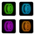 Glowing neon line Car tire icon isolated on white background. Black square button. Vector Royalty Free Stock Photo