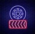 Glowing neon line Car tire wheel icon isolated on brick wall background. Colorful outline concept. Vector Royalty Free Stock Photo