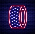 Glowing neon line Car tire wheel icon isolated on brick wall background. Colorful outline concept. Vector Royalty Free Stock Photo