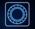 Glowing neon line Car tire wheel icon isolated on brick wall background. Vector Royalty Free Stock Photo