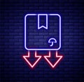 Glowing neon line Cardboard box with traffic symbol icon isolated on brick wall background. Box, package, parcel sign Royalty Free Stock Photo