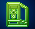 Glowing neon line Case of computer icon isolated on blue background. Computer server. Workstation. Vector Royalty Free Stock Photo