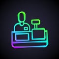 Glowing neon line Cashier at cash register supermarket icon isolated on black background. Shop assistant, cashier