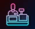 Glowing neon line Cashier at cash register supermarket icon isolated on black background. Shop assistant, cashier