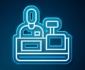 Glowing neon line Cashier at cash register supermarket icon isolated on blue background. Shop assistant, cashier