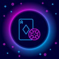 Glowing neon line Casino chip and playing cards icon isolated on black background. Casino poker. Colorful outline Royalty Free Stock Photo