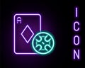 Glowing neon line Casino chip and playing cards icon isolated on black background. Casino poker. Colorful outline Royalty Free Stock Photo