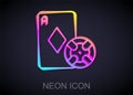 Glowing neon line Casino chip and playing cards icon isolated on black background. Casino poker. Vector Royalty Free Stock Photo