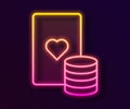 Glowing neon line Casino chip and playing cards icon isolated on black background. Casino poker. Vector Royalty Free Stock Photo