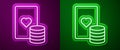 Glowing neon line Casino chip and playing cards icon isolated on purple and green background. Casino poker. Vector Royalty Free Stock Photo