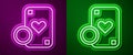 Glowing neon line Casino chip and playing cards icon isolated on purple and green background. Casino poker. Vector Royalty Free Stock Photo