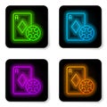 Glowing neon line Casino chip and playing cards icon isolated on white background. Casino poker. Black square button Royalty Free Stock Photo