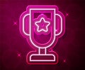 Glowing neon line Casino poker trophy cup icon isolated on red background. Vector