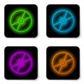 Glowing neon line CD or DVD disk icon isolated on white background. Compact disc sign. Black square button. Vector Royalty Free Stock Photo