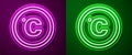 Glowing neon line Celsius icon isolated on purple and green background. Vector