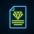 Glowing neon line Certificate of the diamond icon isolated on black background. Colorful outline concept. Vector