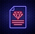Glowing neon line Certificate of the diamond icon isolated on brick wall background. Colorful outline concept. Vector