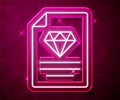 Glowing neon line Certificate of the diamond icon isolated on red background. Vector