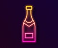 Glowing neon line Champagne bottle icon isolated on black background. Vector Illustration