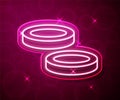 Glowing neon line Checker game chips icon isolated on red background. Vector