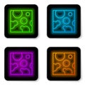 Glowing neon line Cheese icon isolated on white background. Black square button. Vector