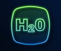 Glowing neon line Chemical formula for water drops H2O shaped icon isolated on blue background. Vector