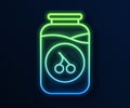 Glowing neon line Cherry jam jar icon isolated on blue background. Vector