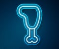 Glowing neon line Chicken leg icon isolated on blue background. Chicken drumstick. Vector