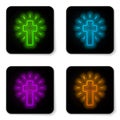 Glowing neon line Christian cross icon isolated on white background. Church cross. Black square button. Vector