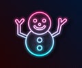 Glowing neon line Christmas snowman icon isolated on black background. Merry Christmas and Happy New Year. Vector