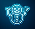 Glowing neon line Christmas snowman icon isolated on blue background. Merry Christmas and Happy New Year. Vector