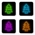 Glowing neon line Christmas tree icon isolated on white background. Merry Christmas and Happy New Year. Black square button. Royalty Free Stock Photo