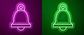 Glowing neon line Church bell icon isolated on purple and green background. Alarm symbol, service bell, handbell sign Royalty Free Stock Photo