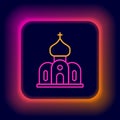 Glowing neon line Church building icon isolated on black background. Christian Church. Religion of church. Colorful